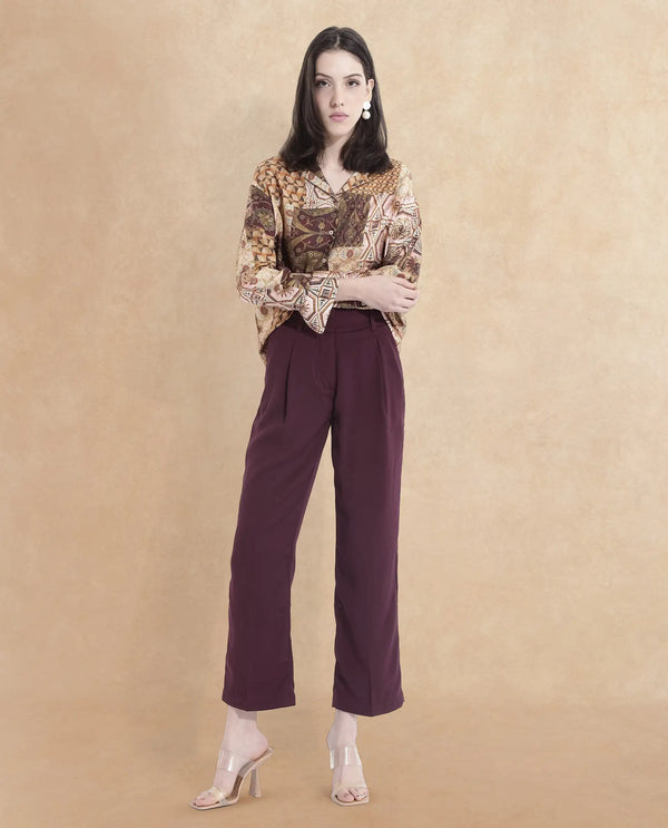 Rareism Women Urap Dark Maroon  Straight Fit Ankle Length Plain Trouser