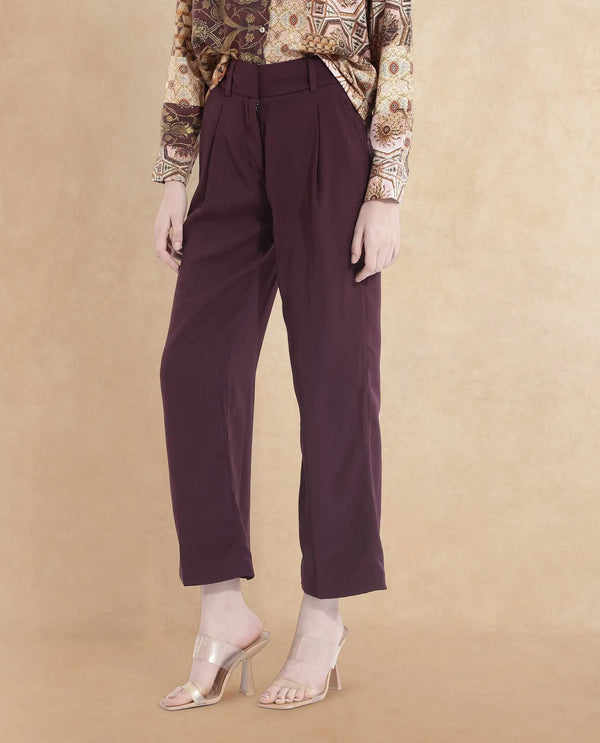 Rareism Women Urap Dark Maroon  Straight Fit Ankle Length Plain Trouser