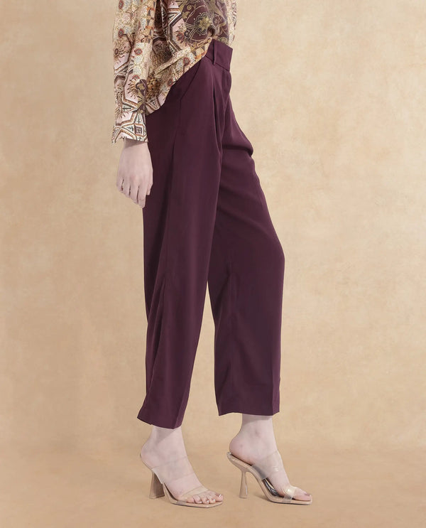 Rareism Women Urap Dark Maroon  Straight Fit Ankle Length Plain Trouser