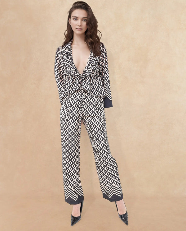 Rareism Women Urapan Black Straight Fit Geometric Print Ankle Length Trouser