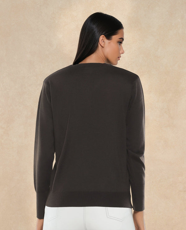 Rareism Women Usak Brown Acrylic Nylon Fabric Relaxed Fit Plain Sweater