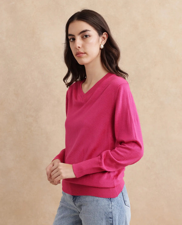Rareism Women Usak Dark Pink Acrylic Nylon Fabric Relaxed Fit Plain Sweater