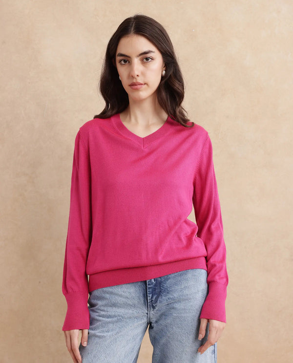 Rareism Women Usak Dark Pink Acrylic Nylon Fabric Relaxed Fit Plain Sweater