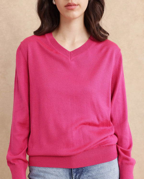 Rareism Women Usak Dark Pink Acrylic Nylon Fabric Relaxed Fit Plain Sweater