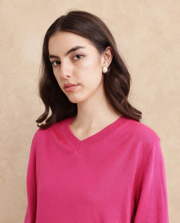 Rareism Women Usak Dark Pink Acrylic Nylon Fabric Relaxed Fit Plain Sweater