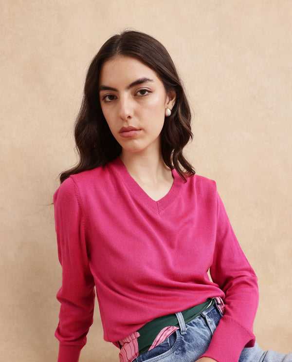 Rareism Women Usak Dark Pink Acrylic Nylon Fabric Relaxed Fit Plain Sweater