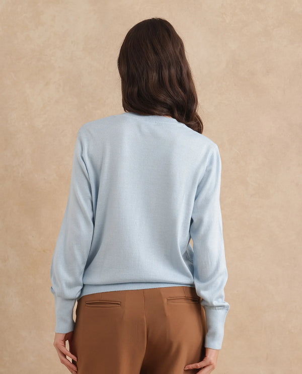 Rareism Women Usak Light Blue Acrylic Nylon Fabric Relaxed Fit Plain Sweater