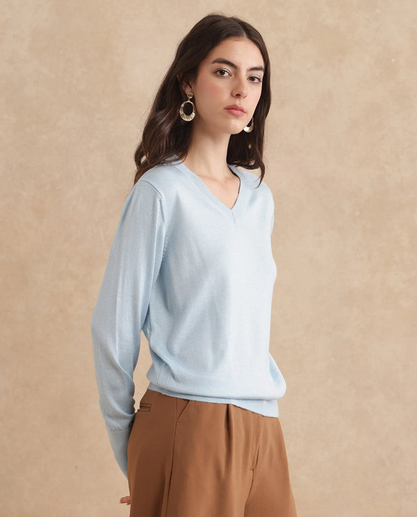 Rareism Women Usak Light Blue Acrylic Nylon Fabric Relaxed Fit Plain Sweater