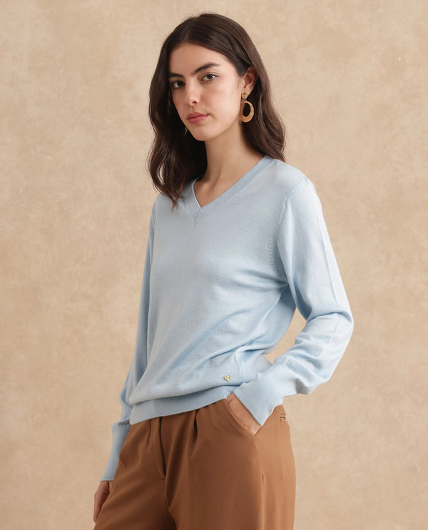 Rareism Women Usak Light Blue Acrylic Nylon Fabric Relaxed Fit Plain Sweater