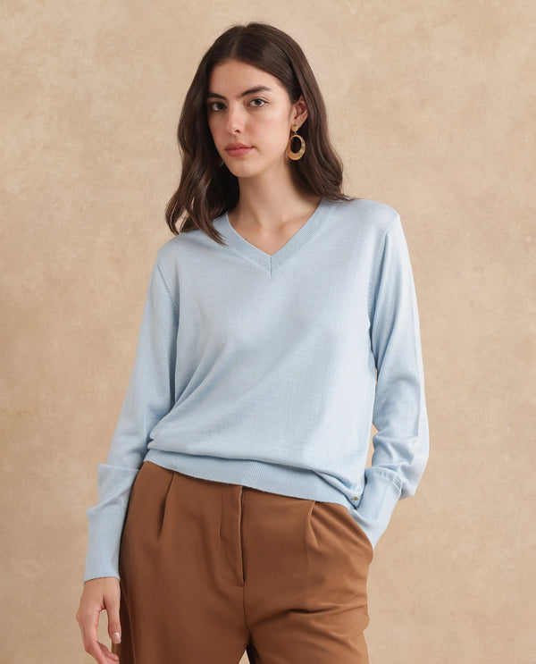 Rareism Women Usak Light Blue Acrylic Nylon Fabric Relaxed Fit Plain Sweater