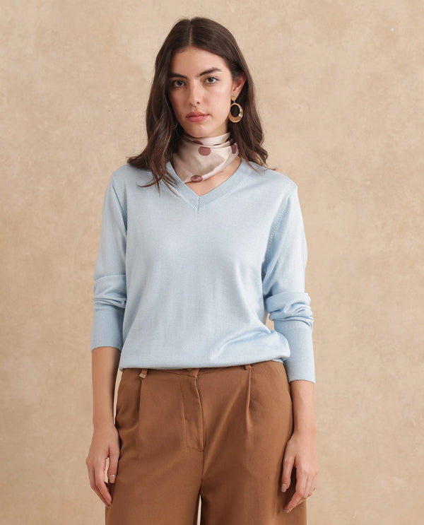 Rareism Women Usak Light Blue Acrylic Nylon Fabric Relaxed Fit Plain Sweater