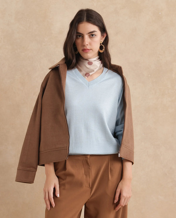 Rareism Women Usak Light Blue Acrylic Nylon Fabric Relaxed Fit Plain Sweater