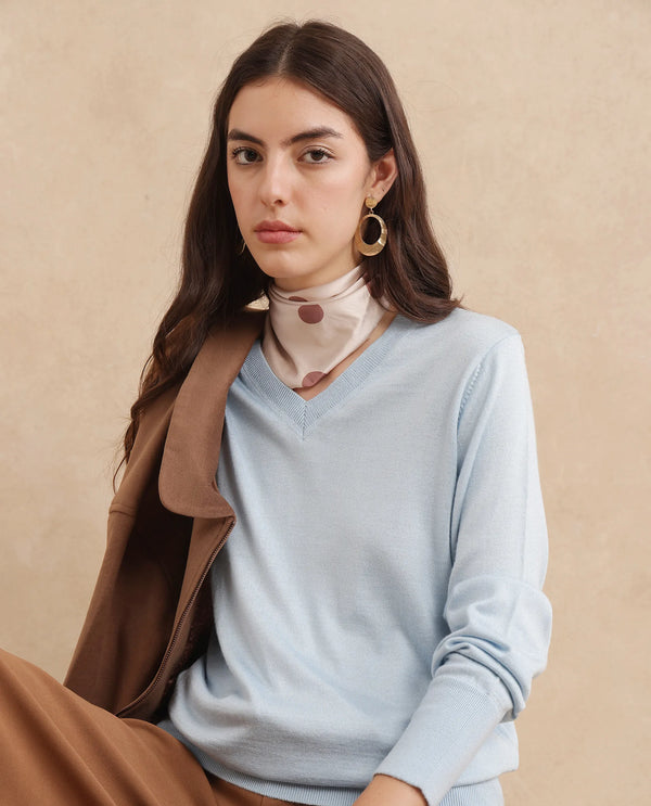 Rareism Women Usak Light Blue Acrylic Nylon Fabric Relaxed Fit Plain Sweater