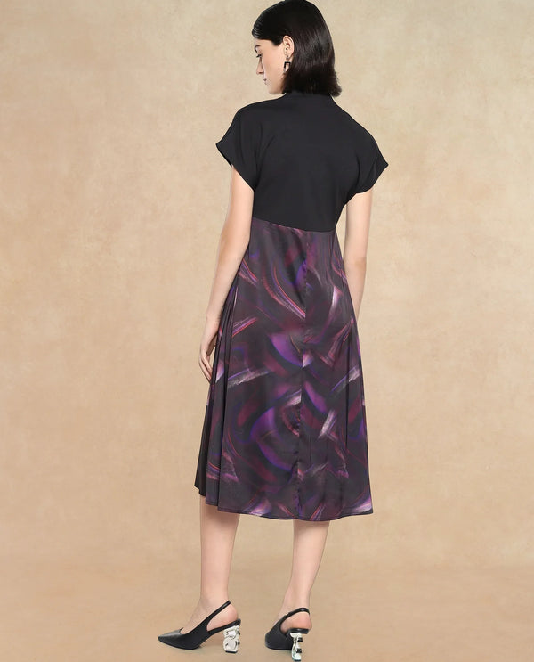 Rareism Women Usopp Black Polyester Fabric Short Sleeve V-Neck Zipper Closure Flared Midi Abstract Print Dress
