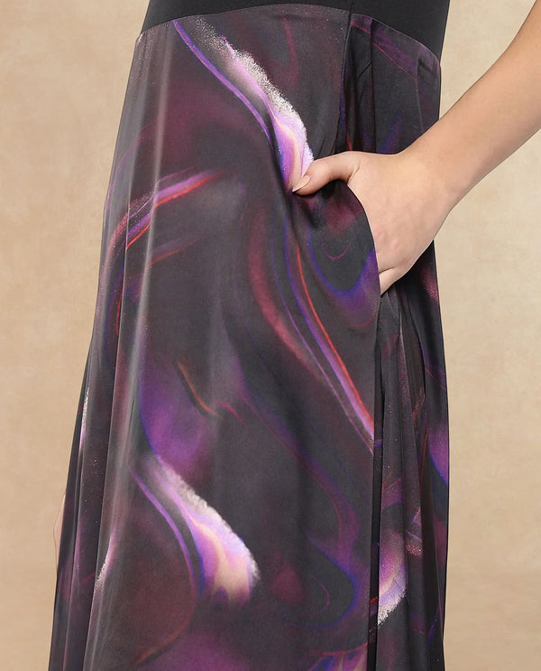 Rareism Women Usopp Black Polyester Fabric Short Sleeve V-Neck Zipper Closure Flared Midi Abstract Print Dress