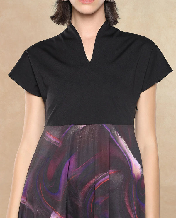 Rareism Women Usopp Black Polyester Fabric Short Sleeve V-Neck Zipper Closure Flared Midi Abstract Print Dress