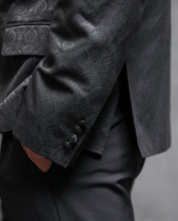 Rare Rabbit Men's Utica Black Polyester Viscose Fabric Mandarin Collar Tailored Fit Floral Jacquard Bandhgala