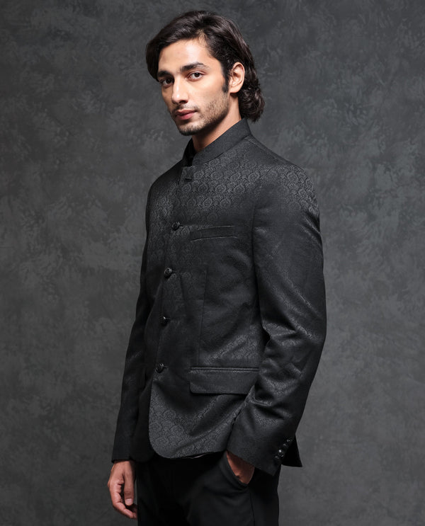 Rare Rabbit Men's Utica Black Polyester Viscose Fabric Mandarin Collar Tailored Fit Floral Jacquard Bandhgala