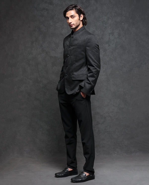Rare Rabbit Men's Utica Black Polyester Viscose Fabric Mandarin Collar Tailored Fit Floral Jacquard Bandhgala