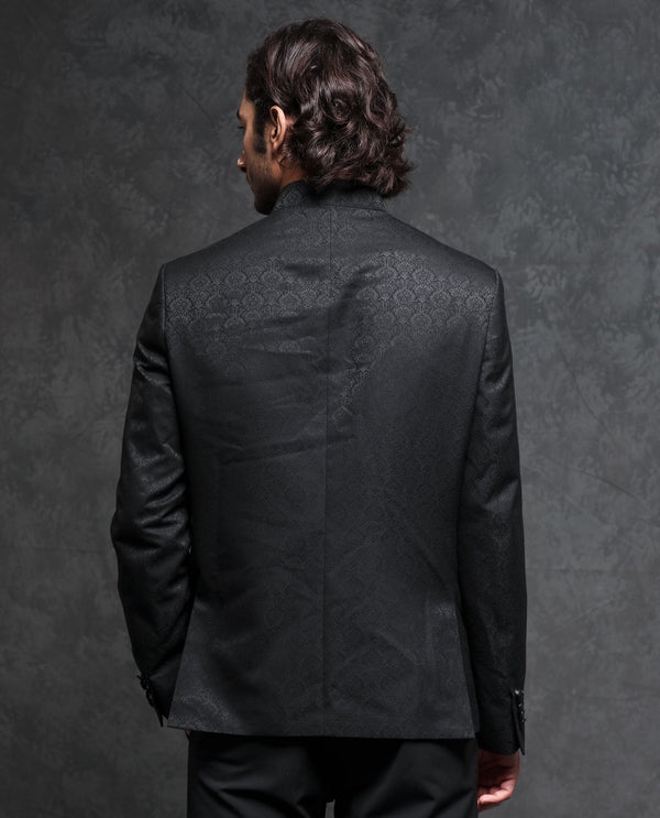 Rare Rabbit Men's Utica Black Polyester Viscose Fabric Mandarin Collar Tailored Fit Floral Jacquard Bandhgala