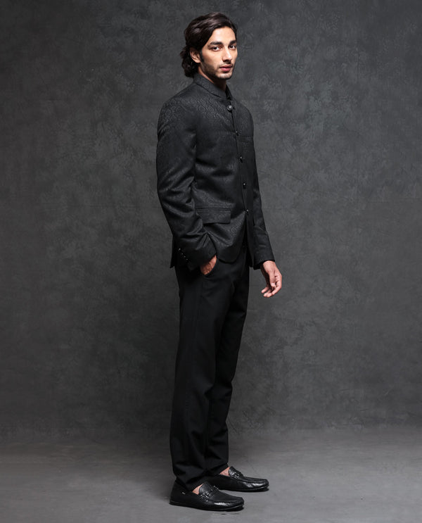 Rare Rabbit Men's Utica Black Polyester Viscose Fabric Mandarin Collar Tailored Fit Floral Jacquard Bandhgala
