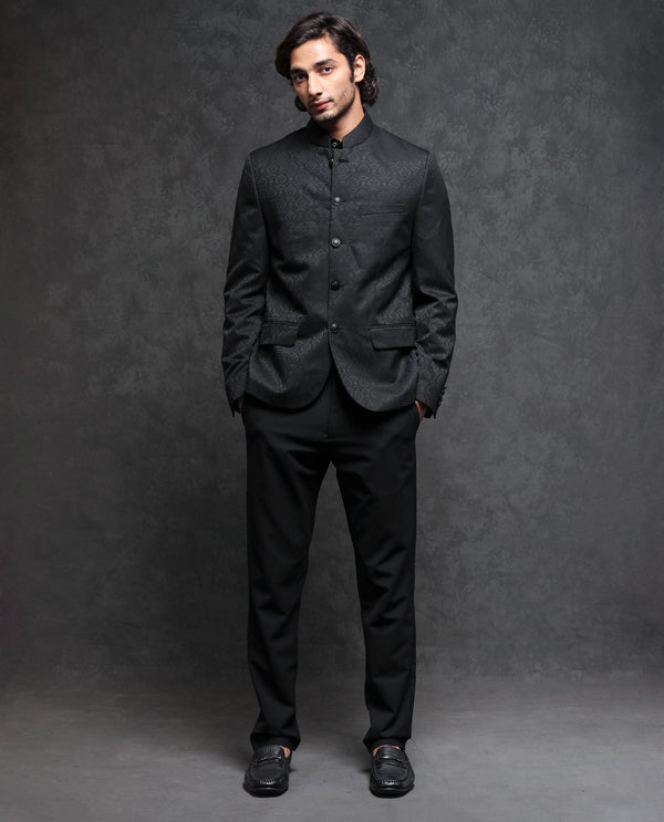Rare Rabbit Men's Utica Black Polyester Viscose Fabric Mandarin Collar Tailored Fit Floral Jacquard Bandhgala