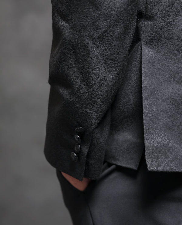 Rare Rabbit Men's Utica Black Polyester Viscose Fabric Mandarin Collar Tailored Fit Floral Jacquard Bandhgala