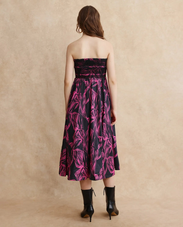 Rareism Women Utjola Black Cotton Fabric Sleeveless Tube Neck Fit And Flare Midi Abstract Print Dress