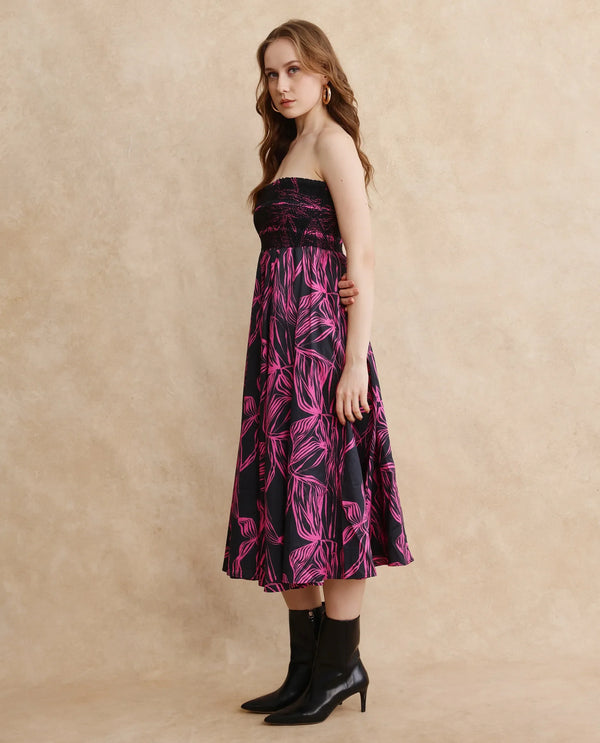 Rareism Women Utjola Black Cotton Fabric Sleeveless Tube Neck Fit And Flare Midi Abstract Print Dress