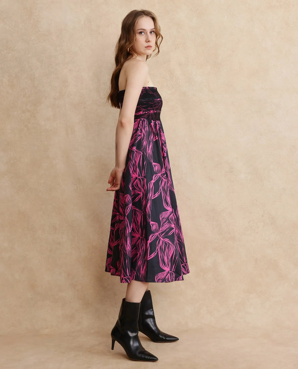 Rareism Women Utjola Black Cotton Fabric Sleeveless Tube Neck Fit And Flare Midi Abstract Print Dress