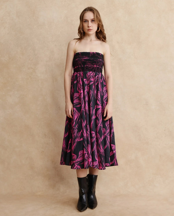 Rareism Women Utjola Black Cotton Fabric Sleeveless Tube Neck Fit And Flare Midi Abstract Print Dress
