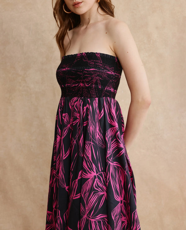 Rareism Women Utjola Black Cotton Fabric Sleeveless Tube Neck Fit And Flare Midi Abstract Print Dress