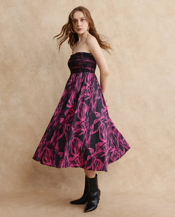 Rareism Women Utjola Black Cotton Fabric Sleeveless Tube Neck Fit And Flare Midi Abstract Print Dress
