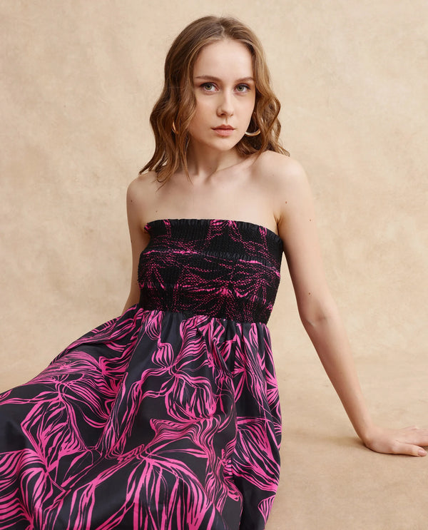 Rareism Women Utjola Black Cotton Fabric Sleeveless Tube Neck Fit And Flare Midi Abstract Print Dress
