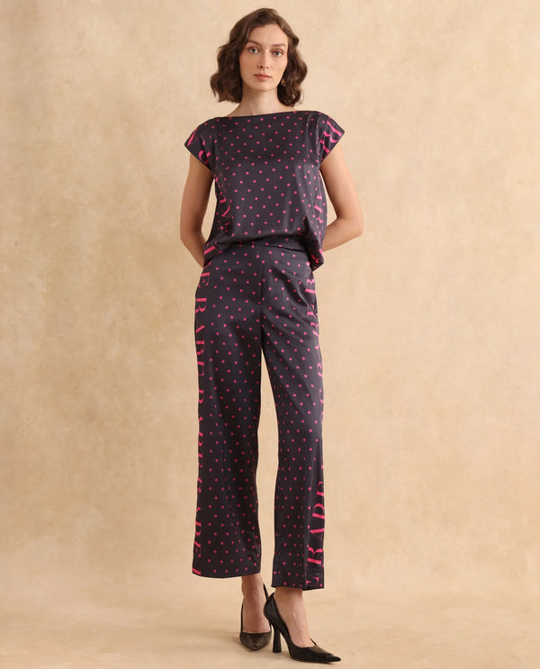 Rareism Women Utkco-B Dark Grey Polyester Fabric Tie Up Closure Straight Fit Ankle Length Polka Print Trouser