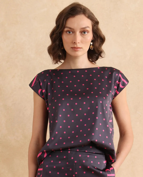 Rareism Women Utkco Dark Grey Polyester Fabric Extended Sleeve Boat Neck Regular Fit Polka Print Top
