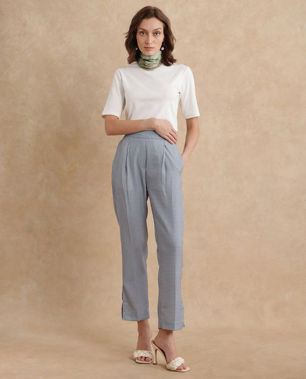 Rareism Women Utkil-B Multi Polyester Fabric Button Closure Straight Fit Ankle Length Houndstooth Trouser