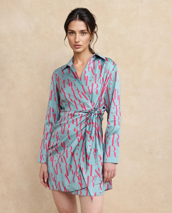 Rareism Women Utklala Green Polyester Fabric Cuffed Sleeve Overlap Neck Tie Up Closure Wrap Mini Monogram Print Dress