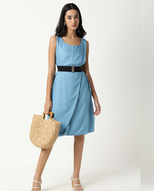 Rareism Women Clenzo Blue Round Neck Sleeveless Wrap Around Panel Mini Dress
