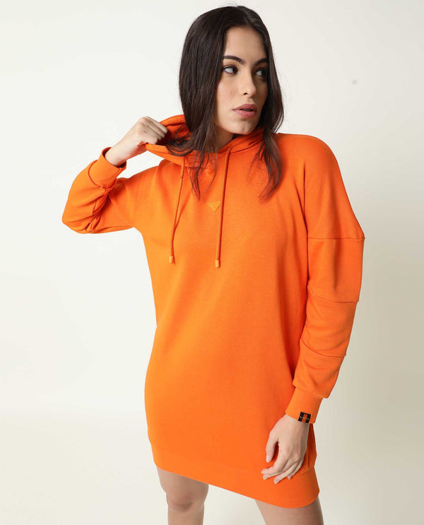Rareism Women Fect Orange Cotton Fabric Regular Fit Full Sleeves Solid Hooded Sweatshirt