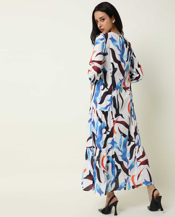 Rareism Women Europe White Abstract Boat Neck 3/4 Sleeves Tiered Maxi Dress