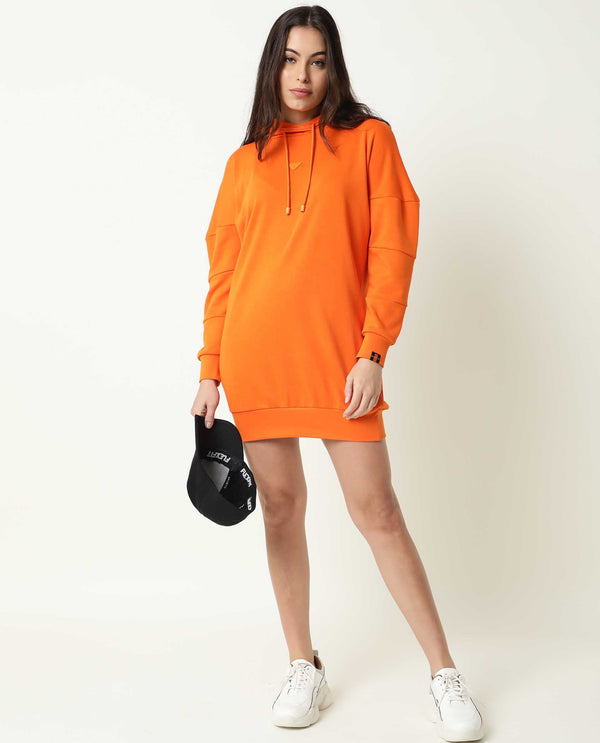 Rareism Women Fect Orange Cotton Fabric Regular Fit Full Sleeves Solid Hooded Sweatshirt