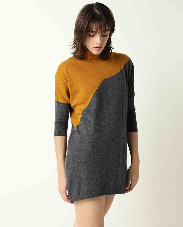 Rareism Women Spaton Grey Acrylic Fabric Full Sleeves Knee Length Regular Fit Color Blocked High Neck Sweater