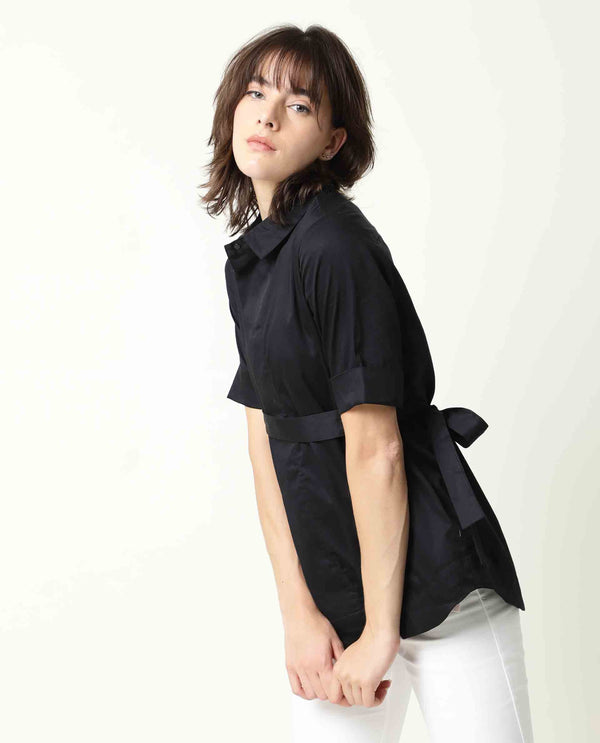 Rareism Womens Glitter Black Top Cotton Satin Fabric Regular Fit 3/4 Sleeve Collared Neck