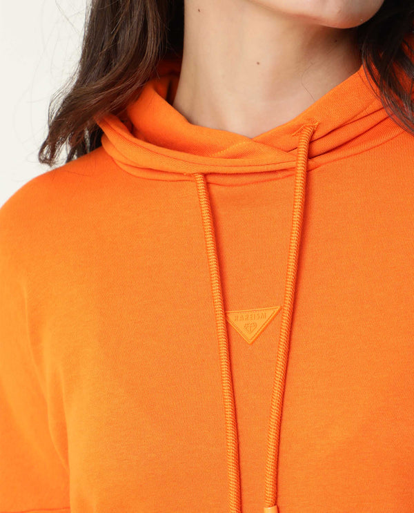 Rareism Women Fect Orange Cotton Fabric Regular Fit Full Sleeves Solid Hooded Sweatshirt