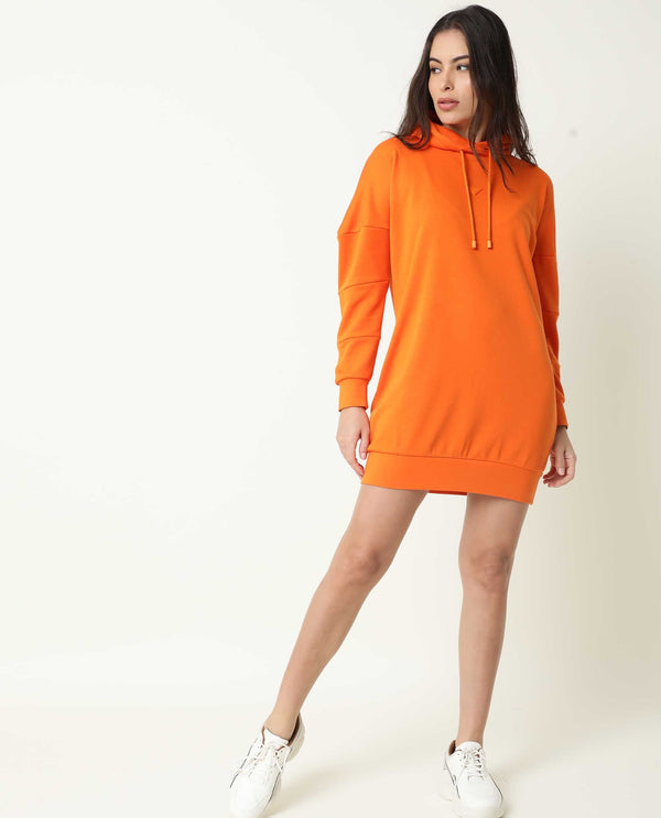 Rareism Women Fect Orange Cotton Fabric Regular Fit Full Sleeves Solid Hooded Sweatshirt