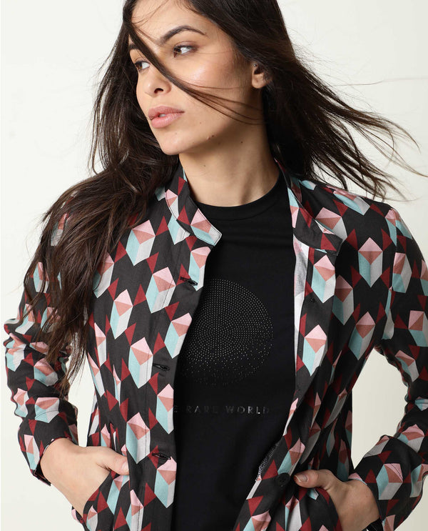 Rareism Womens Knuckle Black Jacket Cotton Fabric  Fit Regular Sleeves Mandarin Neck