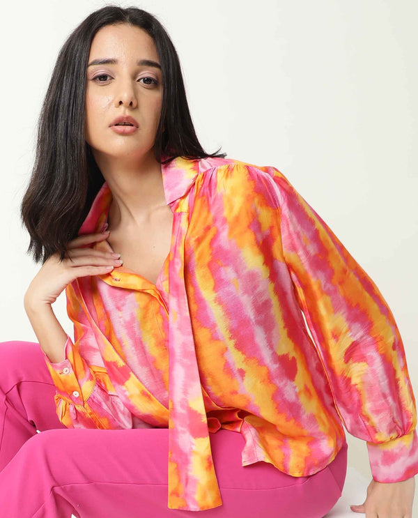 Rareism Womens Dense Pink Top Modal Satin Fabric Regular Fit Full Sleeve Tie Up Neck