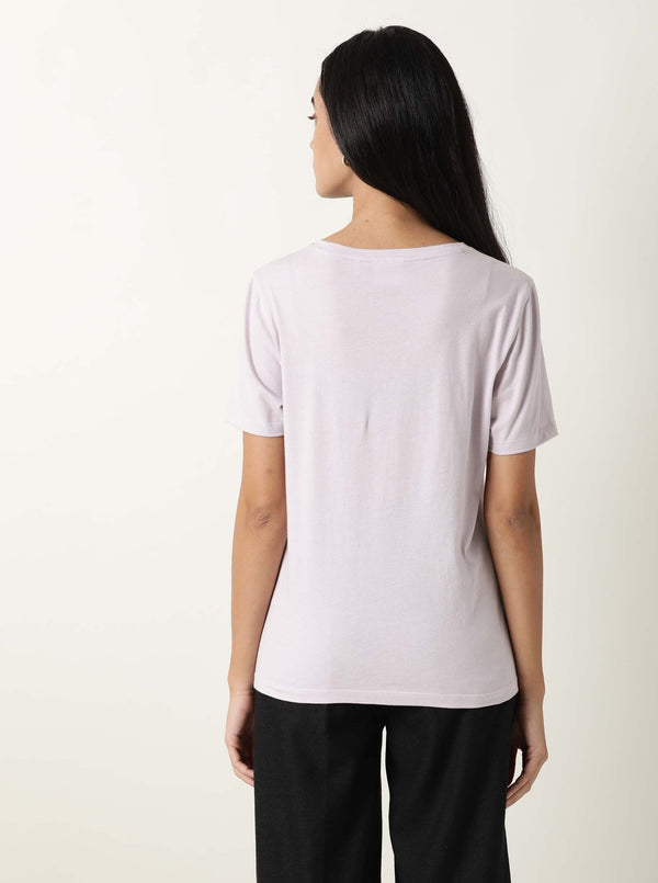 Rareism Women Moes Pastel Purple Cotton Fabric Regular Fit Half Sleeves Graphic Print Crew Neck T-Shirt