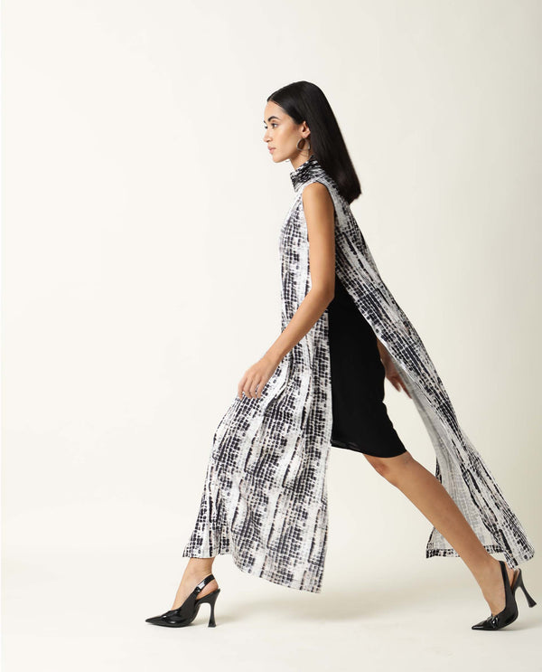 Rareism Women Pash Black Abstract Print High Neck Ruffled Collar Sleeveless With Full Side Slit Maxi Dress